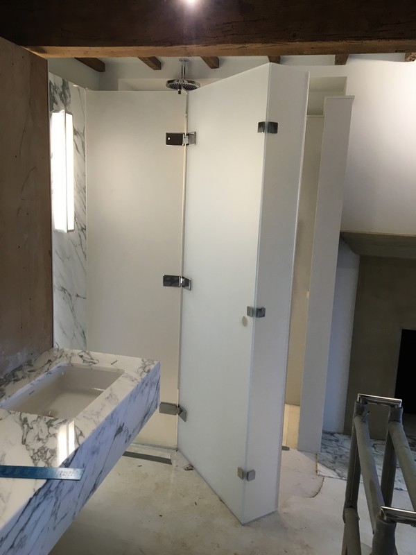 Bespoke frosted glass shower enclosure in Neasden luxury bathroom